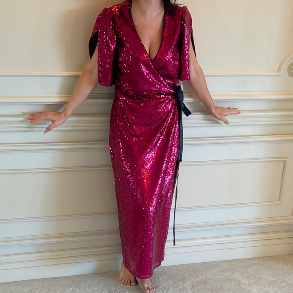 Monique Lhuillier Fuchsia Sequin Wrap Dress